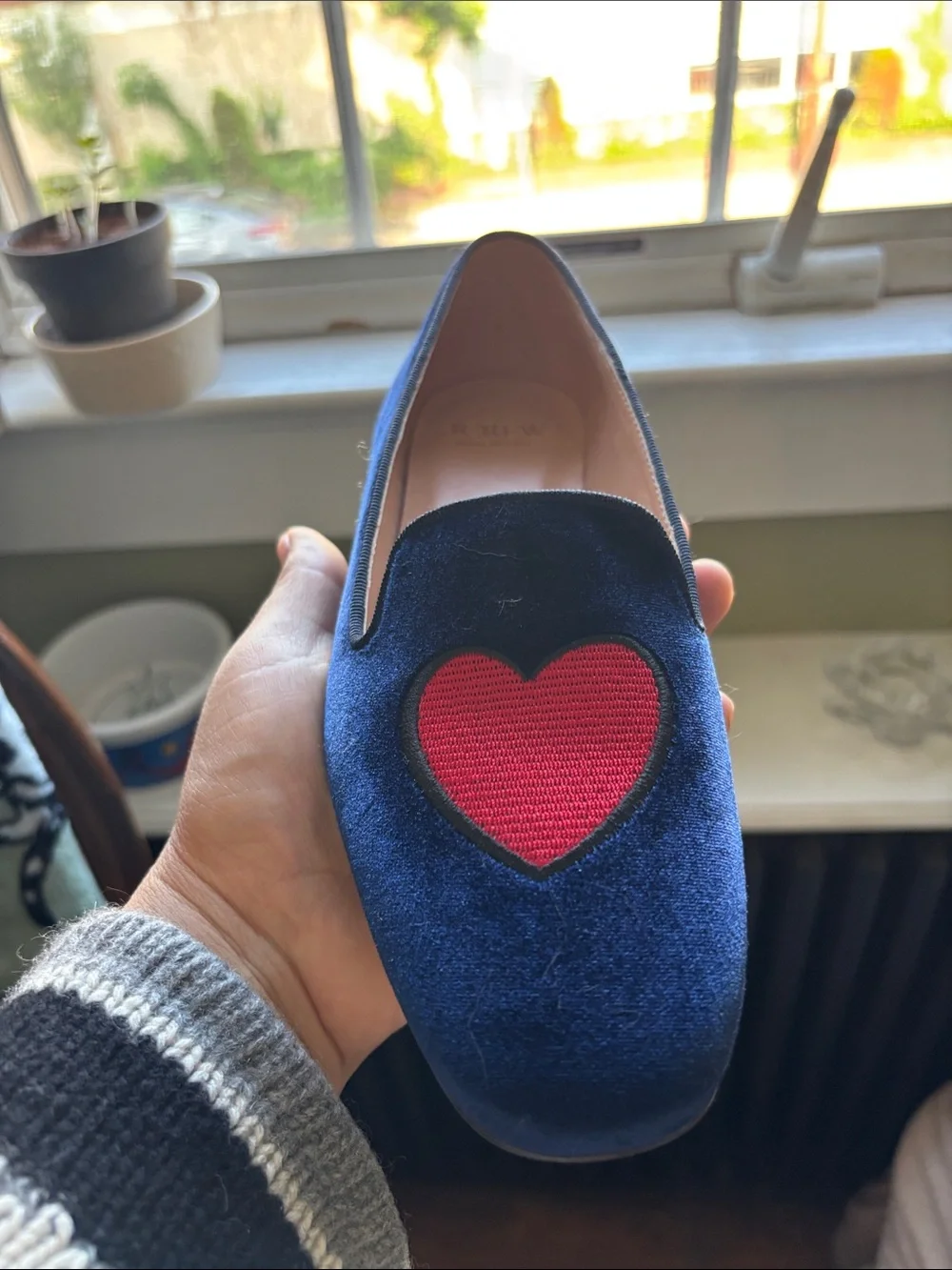 J. Crew Navy Velvet Loafers with Red Heart Applique